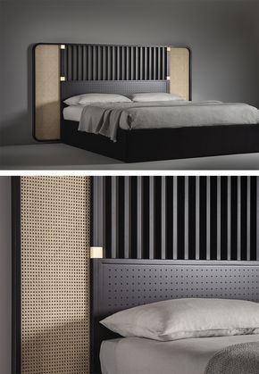 Bringing their highly architectural approach to the world of furniture for the first time, Storagemilano – the architecture and design studio founded by Barbara Ghidoni, Marco Donati and Michele Pasini – has created the stunning OTTOW headboard, featuring a bent beech-wood structure with square cross-sections, in two finishes: lacquered black or natural stained.‎ Double Bed Designs, Bed Headboard Design, Bed Design Modern, Bedroom Bed Design, Bed Furniture Design, Headboard Designs, Bedroom Headboard, Furniture Details, Modern Bed