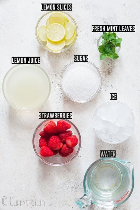 ingredients for homemade strawberry lemonade recipe Fresh Strawberry Lemonade Recipe Easy, Strawberry Lemonade Smoothie Recipe, Mint Strawberry Lemonade, Pink Lemonade Recipe Homemade, Best Homemade Lemonade Recipe, How To Make Strawberry Lemonade, Strawberry Water Recipe, Lime Lemonade Recipe, Healthy Lemonade Recipe