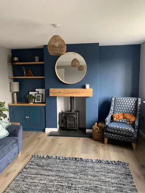 Living Room Decor With Alcoves, Blue Wall With Shelves, Home Office Uk Ideas, Painting Ideas For Lounge Walls, Navy Living Room Feature Wall, Navy Cabinets Living Room, Navy Wall In Kitchen, Navy Cottage Living Room, Dark Blue And White Dining Room