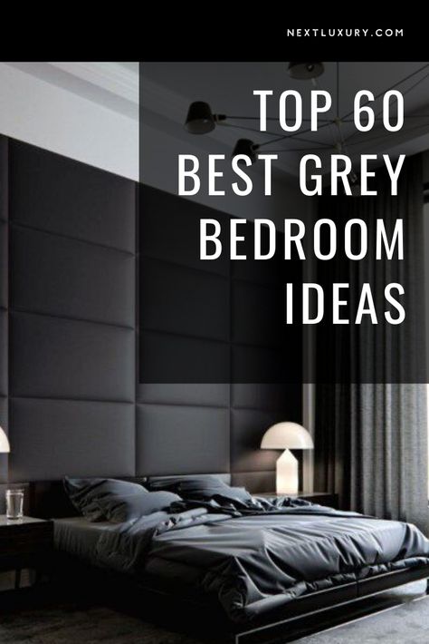 Monochromatic Gray Bedroom, Dark Gray Bedroom Walls Master Suite, Charcoal Grey And White Bedroom, Grey Bed Black Furniture, Bedroom With Gray Curtains, Black And Grey Mens Bedroom, Dark Grey Curtains Bedroom Ideas, Monochromatic Grey Bedroom, Grey Bedrooms Luxury