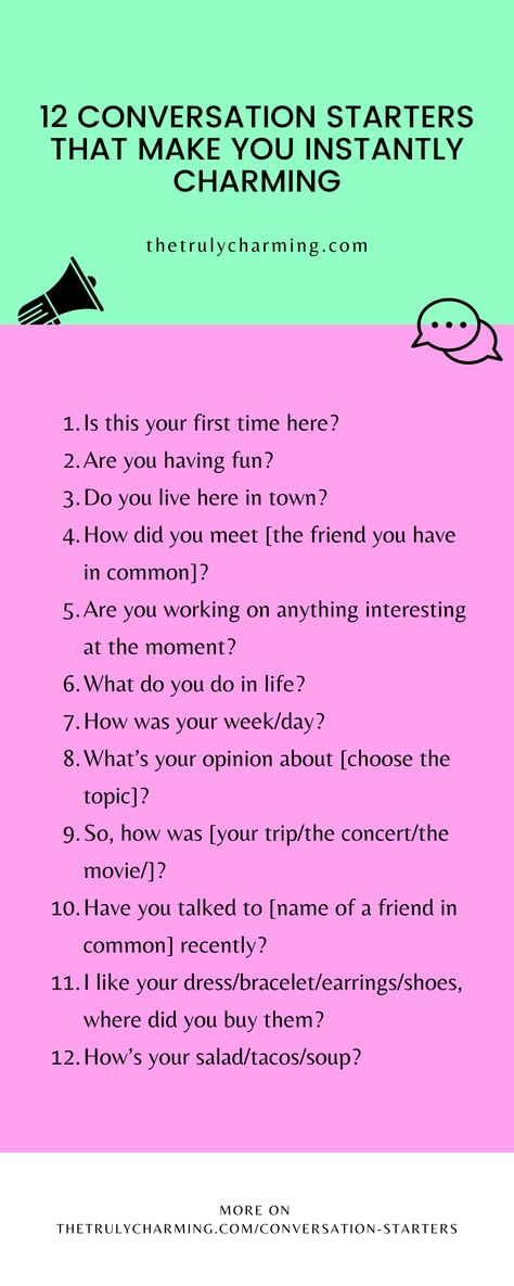 Become the most interesting people in the room with these 12 quality conversation starters.

Also, in the article you will find some great follow-up questions for each conversation starter. Conversation Starters When Meeting New People, Conversation Starters Meeting New People, First Conversation Starters, Conversation Starters For Strangers, Most Interesting Person In The Room, Friend Conversation Starters, Small Talk Tips Conversation Starters, Conversation Starters For Adults, Exercise List