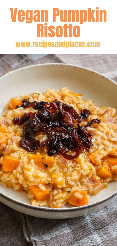 Vegan Pumpkin Risotto, Vegan Pasta Noodles, Vegan Risotto, Caramelised Onions, Pumpkin Risotto, Vegan Italian, Vegan Pumpkin, Vegan Pasta, Caramelized Onions