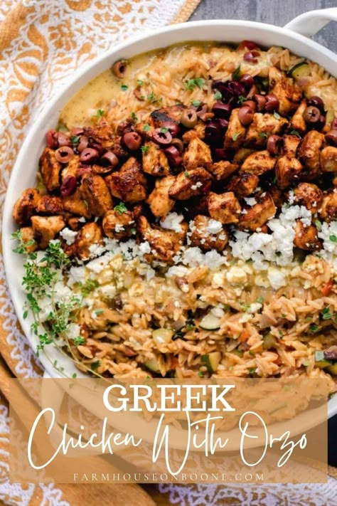 Greek Chicken With Orzo Pasta - Farmhouse on Boone Orzo Salads, Chicken Orzo Pasta, Chicken With Orzo, Greek Chicken Pasta, Orzo Pasta Recipes, Farmhouse On Boone, Mediterranean Recipes Healthy, Turkey Pasta, Greek Dressing