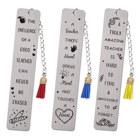 PRICES MAY VARY. Teacher Appreciation Gifts: This set of teacher bookmarks will surely be the best gift for teacher, coach, instructor, professor, for Teacher Appreciation Day, teacher's birthday or a Christmas gift and anytime you want to show your love. Show Your Appreciation to More Teachers: Package includes 3pcs metal bookmarks with different quotes and tassels. Just send them to your favorite teachers and tell them how much you thank them! High-quality & Perfect Size: These delicate bookma Teacher Bookmark, Gifts For Professors, Teacher Retirement Gifts, Teacher Appreciation Gifts Diy, Teachers Day Card, Student Teacher Gifts, Teacher Birthday Gifts, Book Tree, Teacher Birthday