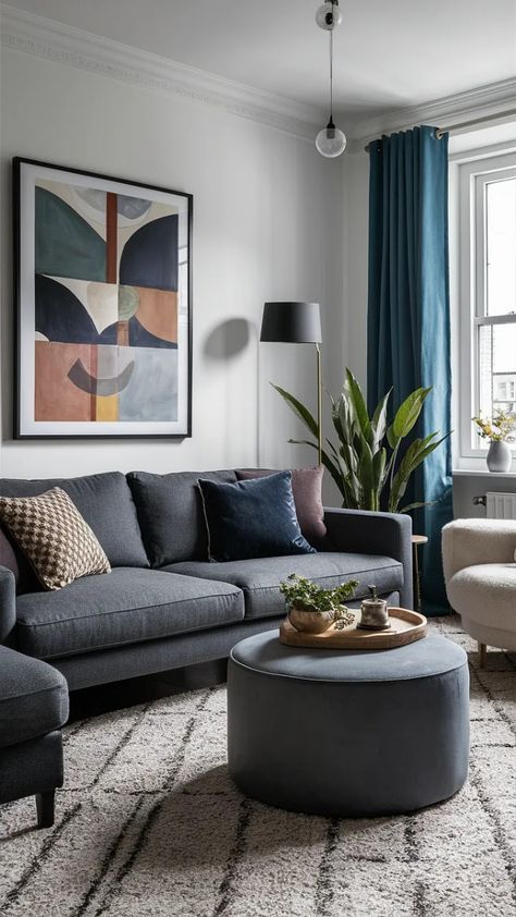 Gray Royal Blue Living Room, Dark Grey Sofa Living Room Color Schemes, Dark Grey Couch Living Room Ideas, Chilling Room, Dark Grey Sofa Living Room, Dark Grey Couch, Dark Walls Living Room, Dark Grey Couch Living Room, Paint Combos