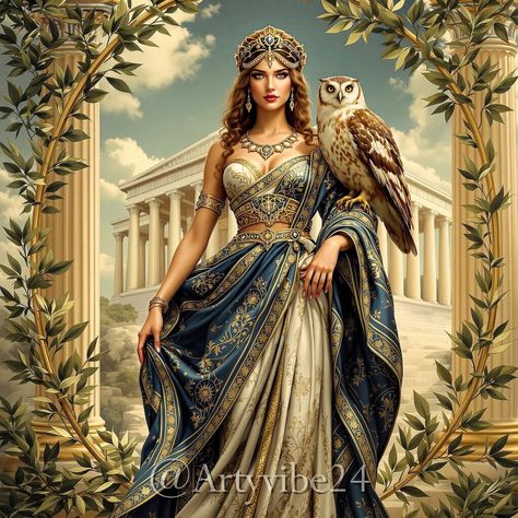 Create an elegant and captivating representation of the Greek goddess Athena, symbolizing wisdom, warfare, and strategy. Portray her wearing a flowing robe adorned with intricate patterns reminiscent of ancient Greek art. Incorporate elements such as an owl, her sacred animal, perched on her shoulder, symbolizing knowledge and insight. Surround her with olive branches, representing peace and prosperity. The background should feature iconic symbols of ancient Athens, including the Parthenon an... Athena Greek Goddess Art, Greek Goddess Athena, Athena Greek Goddess, Goddess Of Knowledge, Greek Goddess Art, Wallpaper Horizontal, Ancient Athens, Scrapbook Ephemera, Greek Beauty