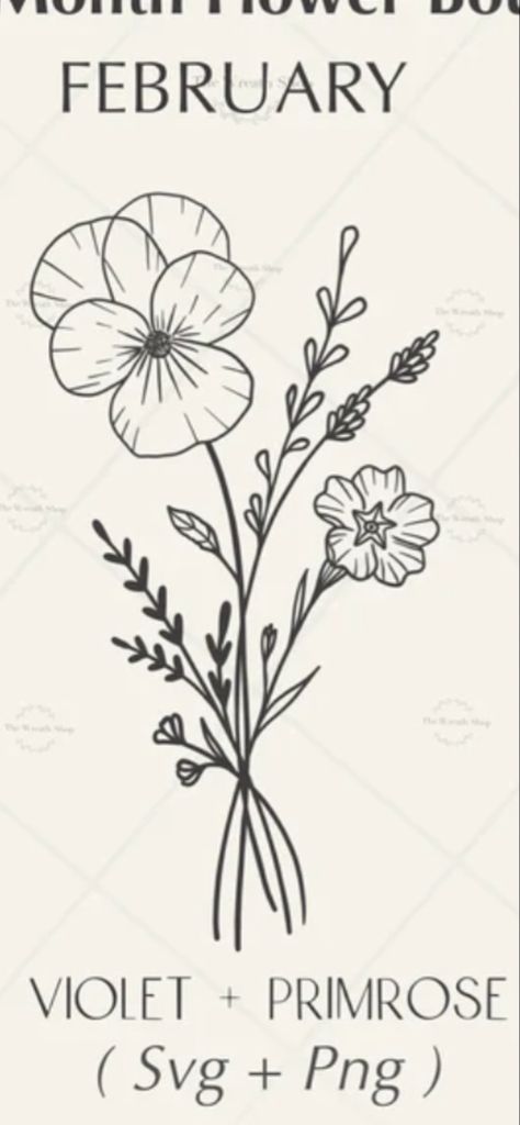 Violets And Primroses Tattoo, Primrose Violet Tattoo, Primrose Tattoo Simple, Violet Flower Tattoo With Name In Stem, Violet Flower Tattoo Behind Ear, Realistic Violet Flower Tattoo, Upside Down Bouquet Tattoo, Primrose And Violet Tattoo, Birthflower February Tattoo