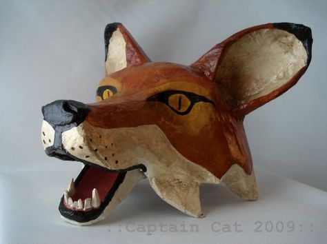 Create a paper mache mask using a baseball cap as a base. Hantverk Diy, Paper Mache Mask, Paper Mache Animals, Fox Mask, Folding Origami, Diy Halloween Costumes For Kids, Diy Halloween Costumes Easy, Paper Mache Sculpture, Paper Mache Art