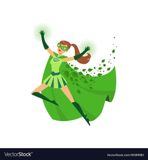 Earth Girl, Superhero Girl, Superhero Cape, Cartoon Doodle, Female Superhero, Green Environment, Girl Superhero, Flat Vector, Super Natural