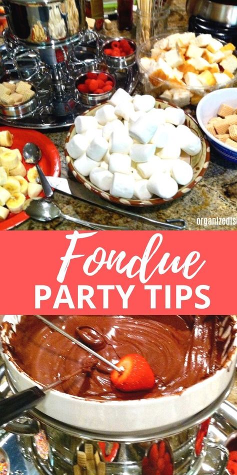 Fondue party recipes and ideas. Savory and sweet fondue party tips. #fondue #holiday #partyplanning Chocolate Fondue Ideas Parties, Fondue Dessert Bar, Chocolate Fondue Party Ideas, Best Fondue Dippers, Fondue Birthday Party Ideas, Sweet Fondue Recipes, Choc Fondue Recipe, What To Dip In Chocolate Fondue, Fondue Food Ideas