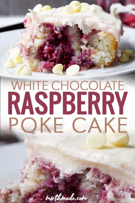 White Chocolate Raspberry Poke Cake - this easy poke cake recipe combines creamy white chocolate filling and chips with delicious homemade raspberry syrup into a yummy and simple cake recipe that's perfect for your next party! #pokecake #whitechocolate #raspberry #cake #dessert White Chocolate Raspberry Poke Cake, Chocolate Raspberry Poke Cake, Homemade Raspberry Syrup, Raspberry Poke Cake, Easy Poke Cake, White Chocolate Filling, Poke Cake Recipe, Raspberry Desserts, Poke Cake Recipes