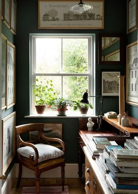 Dark Academia Room Ideas, Dark Academia Room, Academia Room, Halfway House, Green Interiors, A Desk, Life Magazine, Home Office Design, A Chair