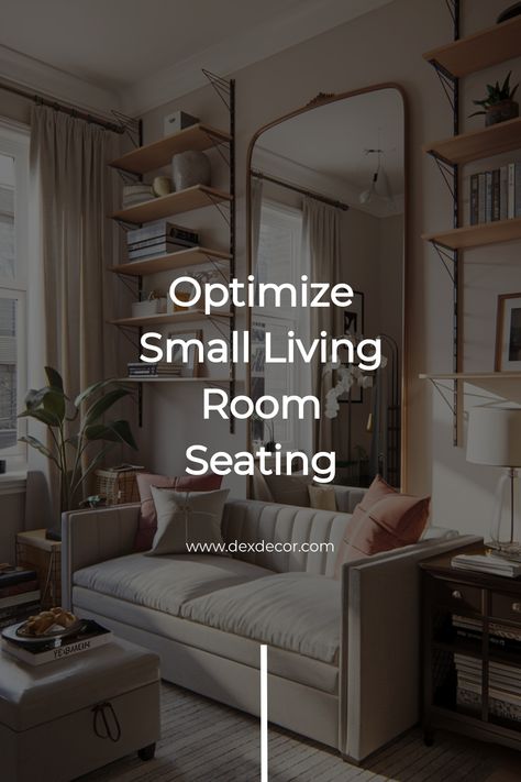 Small living room with sofa, mirror, and open shelving, promoting seating optimization. How To Maximize Seating In Living Room, Seating In A Small Living Room, Maximize Small Living Room, Arranging Furniture In Small Living Room, Furniture Placement Small Living Room, Small Living Room Seating, Blue Sectional, Small Living Room Layout, Maximize Storage