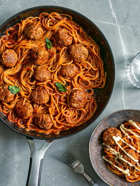 One-Pot Spicy Meatballs and Spaghetti Spicy Meatball Sauce, Spicy Spaghetti And Meatballs, Creamy Spicy Spaghetti, Spaghetti Meatballs Aesthetic, Spicy Italian Meatballs, Meatball Spaghetti, Meatballs And Spaghetti, Spicy Spaghetti, Kewpie Mayonnaise