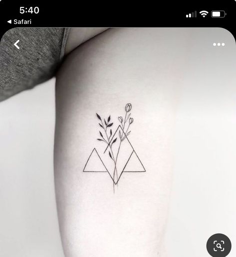 Small Tattoos Geometric, Simplistic Meaningful Tattoos, Minimalist Female Tattoo, Geometric Tattoo Women Arm, Geometric And Floral Tattoo, Triangle Cover Up Tattoo, Small Inner Arm Tattoo, Geometric Tattoo Women, Tiny Plant Tattoo