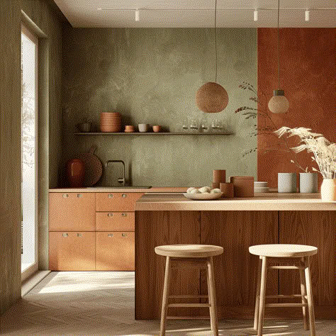 Earthy Toned Bathroom, Earthy Tone Kitchen, Organic Kitchen Design, Earth Tones Kitchen, Terracotta Kitchen, Earthy Interior, Earthy Kitchen, Comforting Hug, Green Kitchen Designs