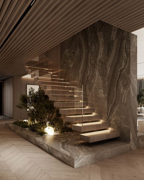 Modern Stone House Interior Design, Stone And Wood Architecture, Unique Stair Railing Ideas, Modern Home Stairs, Modern Wood Stairs, Unique Staircase Ideas, Modern Stairs Ideas, Under Stairs Design, Modern Stair Railing Ideas