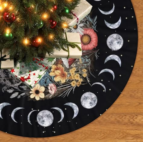 "Cottagecore wildflower Botanical Wicca Witchy Christmas Tree Skirts, Moon cycle Pagan Yule Tree decor, Tree soft plush blanket feet cover These Pagan Christmas Tree Skirts are made from soft and plush fleece material, printed on one side, designed to brighten up any space during Christmas time! .: 100% Polyester fleece .: Pre-constructed item. Size variance +/- 2.5\" .: Size : Diameter, 44\" .: One-sided print .: Cream base color .: Assembled in the USA from globally sourced parts Care instruct Witches Christmas Tree, Witchy Christmas Tree Decorations, Wiccan Christmas Tree, Witch Christmas Tree, Pagan Yule Tree, Pegan Christmas Tree, Yule Christmas Tree, Yule Tree Decorations, Celestial Christmas Tree