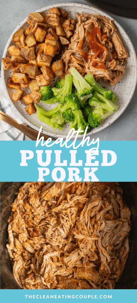 This Healthy Pulled Pork recipe is a perfect easy, clean eating weeknight dinner. Made in the slow cooker or instant pot with only a few ingredients, it's low in fat, packed with protein, and paleo / Whole30 friendly! Easily made, this BBQ pork is great for meal prep! I prefer to make this with tenderloins because it is leaner, but check the post for substitutions! Macro Friendly Pulled Pork, Pulled Pork Optavia, Whole 30 Pulled Pork Slow Cooker, Low Calorie Pulled Pork Crock Pot, Pulled Pork Crock Pot Recipes Whole 30, Pulled Pork Slow Cooker Healthy, Pulled Pork Crock Pot Recipes Healthy, Pork Shoulder Recipes Healthy, Lean Protein Meals Clean Eating