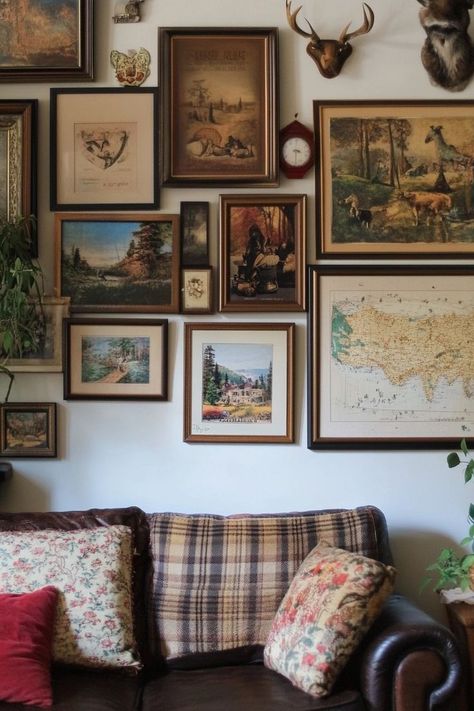 "Curate a Vintage-Inspired DIY Gallery Wall! 🖼️✨ Mix and match frames and artwork for a timeless, eclectic look. Perfect for adding character and charm to your home! 🏡🌟 #GalleryWall #VintageDecor #DIYProjects" Vintage Family Gallery Wall, Mixed Frame Gallery Wall, Vintage Gallery Wall Ideas, Antique Gallery Wall, Rustic Gallery Wall, French Style Chairs, Family Gallery Wall, Vintage Gallery Wall, Fun Room