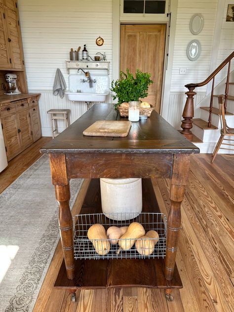 How to Turn an Antique Table into a Draper's Table Kitchen Island - Midcounty Journal Prep Tables In Kitchen, Turn Table Into Kitchen Island, Farm Table Island In Kitchen, Added Kitchen Island, Kitchen Island Dining Table Extension, Table Middle Of Kitchen, Tables As Kitchen Islands, Diy Vintage Kitchen Island, Antique Kitchen Island With Seating