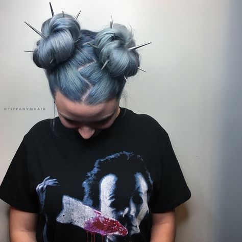 Blue Hair Space Buns, Space Buns Drawing Anime, Futuristic Hairstyles, Space Buns Hair, Half And Half Hair, Hair Goal, Frankie Stein, Space Buns, Summer Goth