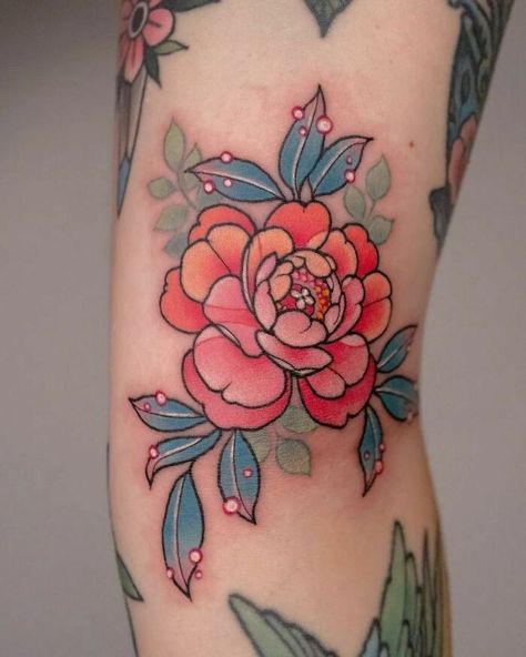 Tattoo Flowers Colorful, Flower Leg Tattoo, Pink Flower Tattoo, Aesthetic Tattoo Ideas, Traditional Tattoo Flowers, Floral Thigh Tattoos, Pink Tattoo, Tattoo Practice, Handpoke Tattoo