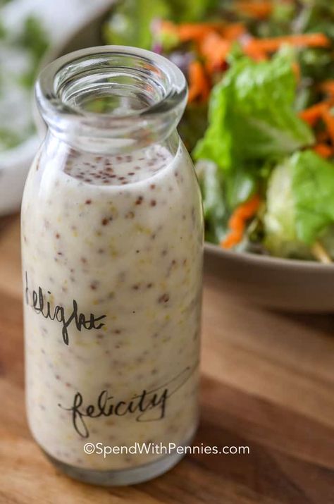 This homemade honey mustard dressing uses mustard, honey, mayonnaise, and garlic to create to a balanced flavor that we love! Our favorite way to enjoy is over a fresh tossed salad or even as marinade! #spendwithpennies #honeymustarddressing #saladdressing #healthyeating #meatmarinade #dip Healthy Honey Mustard Dressing, Healthy Honey Mustard, Homemade Honey Mustard Dressing, Southwestern Chopped Salad, Hot Bacon Dressing, Lettuce Salad Recipes, Easy Coleslaw, Coleslaw Recipe Easy, Bacon Dressing