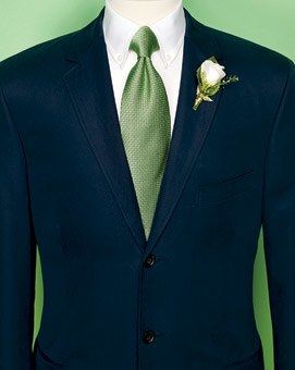 A classic navy suit is natty all on its own—add a tangy textured tie for a splash of vivid color. Three-button chino jacket and white cotton shirt, [J.Crew](http://wwwjcrew.com/). Green and blue silk-woven tie, [Brooks Brothers](http://www.brooksbrothers.com/). Wedding Suits Men Green, Suits Men Green, White Tuxedo Wedding, Blue And Green Wedding, Green Wedding Ideas, Groom Ties, Groom Accessories, Suits Men, Navy Suit