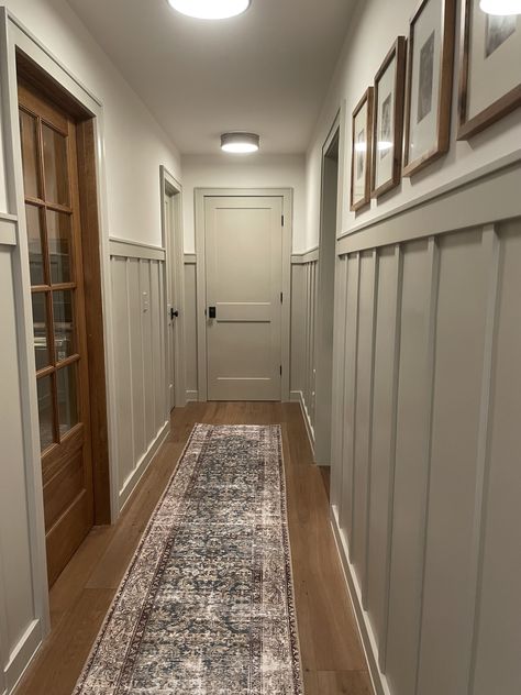 Colonial House Update, Wood And White Hallway, High Panelling Hallway, Molding On Hallway Walls, Hallway Makeover Narrow, Simple Hallway Panelling, Cozy Hallway Decor, Hallway Decorating Ideas Wall, Old Farmhouse Upstairs Hallway