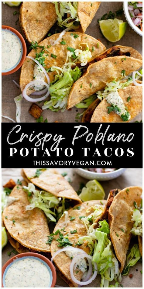 Roasted Poblano Pepper Tacos, Vegan Crispy Tacos, Vegan Potato Tacos Recipes, Potato And Bean Tacos, Crispy Vegetarian Tacos, Vegan Plates Ideas, Potato Recipes Entree, Affordable Vegetarian Meals, Potato Tacos Vegan