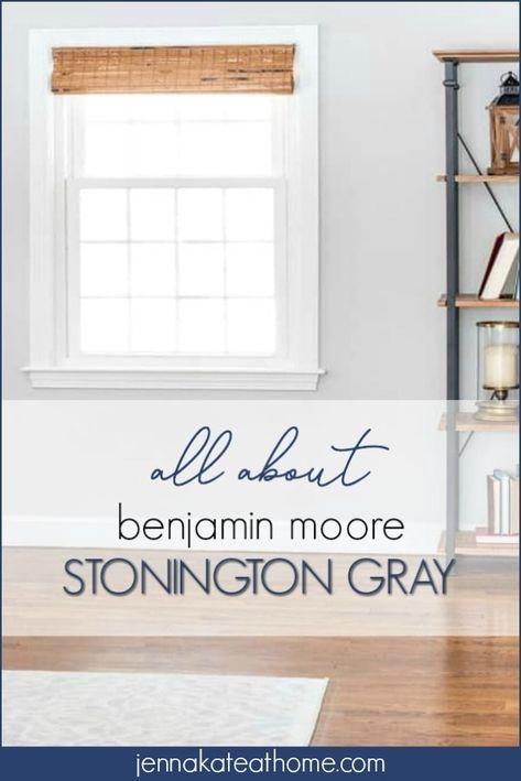 Benjamin Moore Stonington Gray is a modern and fresh medium-toned gray with a slight blue undertone. It's one of my favorite paint colors and I've used it throughout my home. Is it the perfect gray for YOUR home? Stonington Gray Benjamin Moore Kitchen, Benjamin Moore Stonington Gray, Paint Pallets, Best Gray Paint, Best Gray Paint Color, Light Grey Paint Colors, Farmhouse Living Room Lighting, Future Bathroom, Stonington Gray