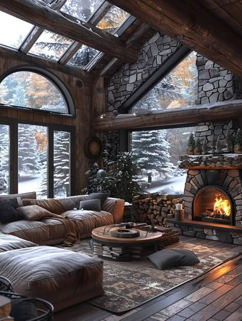 Cozy Cabin Interior, Winter Living Room Decor, Cabin Interior Design, Winter Living Room, Cabin Living Room, Cozy Rooms, Dream Cabin, Dream Life House, Cabin Interiors