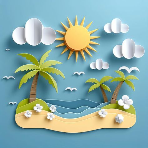 Photo summer sunlight sea the hottest se... | Premium Photo #Freepik #photo Origami Style Design, Beach Paper Craft, Paper Cutout Effect, Cutout Art, Shop Displays, Paper Cutout Art, Photo Summer, Origami Paper Art, Paper Style