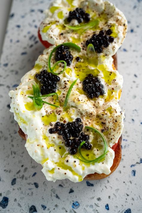 Balsamic Caviar Caprese Toast — Bread Bake Beyond Caviar Toast, Balsamic Caviar, Caprese Toast, Caviar Appetizers, Serving Ideas, Tomato Basil Pasta, Red Caviar, Basil Oil, Basil Pasta