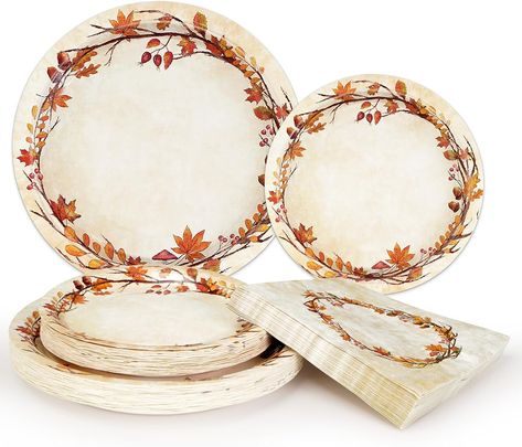 SERVES 50 GUESTS: The vintage style fall plates and napkins set comes with 50PCS of 9" dinner paper plates, 50PCS 7" paper dessert plates, 100PCS luncheon napkins (3-ply and folded 6.5" x 6.5"). 200PCS disposable heavy duty plates and napkins set is ideal for fall party and daily use. THANKSGIVING PLATES AND NAPKINS: Do you enjoy gathering with friends and dislike the cleaning work after the party? So you definitely need this disposable Thanksgiving plates and napkins set. Fall Plates, Thanksgiving Dinnerware, Maple Leaf Wreath, Thanksgiving Plates, Rustic Thanksgiving, Thanksgiving Paper, Autumn Paper, Harvest Party, Thanksgiving Party