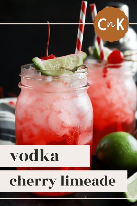 A Vodka Cherry Limeade is the homemade adult version of your favorite summer refreshment! The combination of lime, cherry, and vodka is refreshing and tangy, with just the right hint of sweetness. It'll make you feel like a kid again, but with the perks of being an adult! | cakenknife.com #cherrylimeade #vodkacocktail #summercocktails Spiked Cherry Limeade Recipe, Cherry Limeade Recipe Alcohol Vodka, Vodka Limeade Cocktail, Tito’s Cherry Limeade, Boozy Cherry Limeade, Vodka Seltzer Cocktails, Deep Eddy Lime Vodka Recipes, Cherry Limeade Recipe Alcohol, Vodka Lime Soda