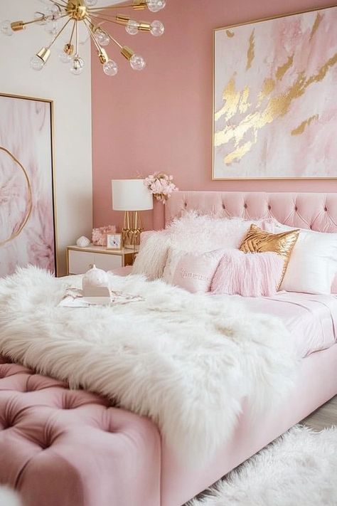 Pink and gold bedroom ideas work for both teens and adults! Explore blush pink walls, gold accent furniture, and metallic bedding. Discover pink velvet headboards, gold-framed mirrors, and rose gold light fixtures. Find inspiration for pink and gold throw pillows, delicate gold wall decals, and plush pink carpets to design a dreamy and sophisticated sleeping space that combines softness with glamour. Pink White Gold Aesthetic, Girls Pink And White Bedroom Ideas, Olive And Blush Bedroom, Pink Bed Frame Bedroom Ideas, Bedroom Ideas Gold Accents, Adult Pink Bedroom Ideas, Pink Luxury Bedroom, Light Pink Room Ideas, Pink Bedroom Ideas For Teens