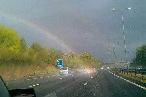 The end of the rainbow found.. on motorway in Surrey - picture Strangely Familiar, End Of The Rainbow, Rainbow Photo, Liminal Spaces, Weird News, Pot Of Gold, Weird World, True Story, Science And Nature