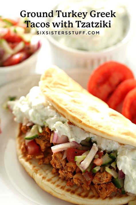 Ground Turkey Greek Tacos with Tzatziki Recipe Ground Turkey Greek, Ground Turkey Wraps, Greek Ground Turkey, Pita Tacos, Greek Tacos, Ground Turkey Seasoning, Greek Nachos, Turkey Tacos Recipes, Ground Turkey Tacos