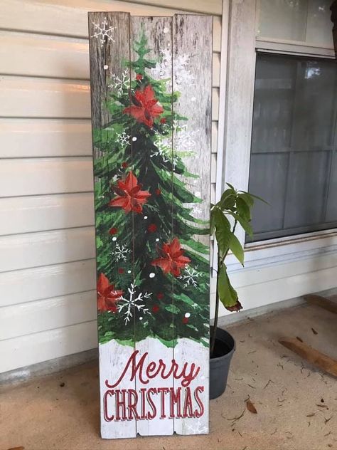 Fall Trellis Decorations, Christmas Painted Boards Signs, Painting Porch Leaners, Christmas Door Leaner Signs, Christmas Decor Painting, Christmas Tree Painted On Wood, Christmas Porch Leaners Diy, Christmas Porch Boards, Wood Board Painting Ideas