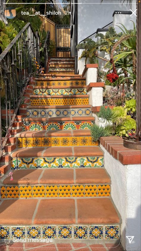 Spanish Stairs Outdoor, Spanish Staircase Outdoor, Spanish Tile Staircase, Spanish Tile Steps Outdoor, Traditional Mexican House Hacienda Style, Talavera Tiles Outdoor, Tiled Stairs Outdoor, Colorful Spanish House, Traditional Mexican House Exterior