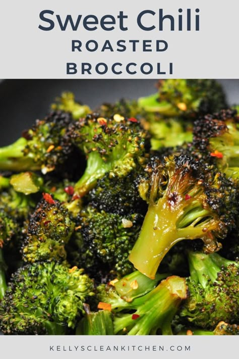 Sweet Chili Roasted Broccoli | Kelly’s Clean Kitchen | There is nothing I hate more than when I get roast broccoli and the stem of the broccoli is raw, and the top is burnt. This cooking method that I have been doing for roasted broccoli results in the best roast broccoli of all time. Visit kellyscleankitchen.com for the full recipe and details. Side Dish With Broccoli, Spicy Roasted Broccoli, Healthy Roasted Broccoli Recipes, Healthy Ways To Cook Broccoli, Korean Bbq Broccoli, Meal Prep Broccoli Recipes, Kids Broccoli Recipes, Amazing Vegetable Recipes, Broccoli Roasted Recipes