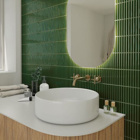 Green Vertical Tile Bathroom, Bottle Green Bathroom, Small Wet Room Ideas, Edwardian Tiles, Kit Kat Tiles, Small Wet Room, Gallery Bathroom, Porcelain Superstore, Large Floor Tiles