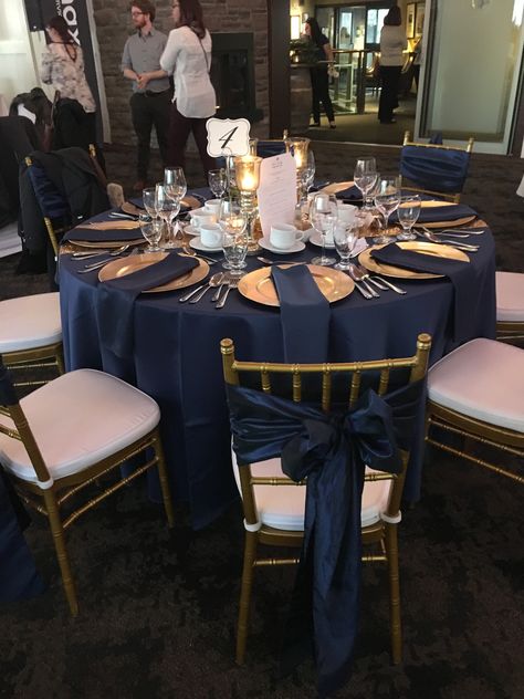 Boy Quinceanera Ideas, Navy Blue Table Settings, 40th Wedding Anniversary Decorations, Midnight Blue Wedding Theme, Blue And Gold Wedding Theme, Blue And Gold Wedding, Quinceanera Themes Dresses, Blue Gold Wedding, Wedding Anniversary Decorations