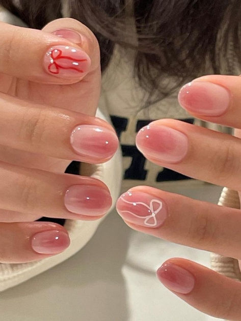 Korean dusty pink nails: ribbon accent Soft Korean Nails, Soft Pink Nails Designs Art Ideas, Subtle Pink Nails, Dusty Pink Nails Design, Soft Pink Nails Designs, Dusty Pink Nails, Korea Nail Art, Barbie Pink Nails, Graffiti Nails