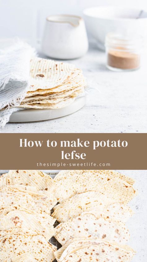 This potato lefse tastes like childhood memories and Christmas time - Warm, buttery and perfect for savory and sweet spreads alike. Click through for equipment alternatives, my best tips for rolling out lefse, serving tips and fixes for common lefse-making problems. Potato Lefse Recipe, Norwegian Lefse Recipe, Lefse Recipe, How To Make Potatoes, Norwegian Food, Creamed Potatoes, Scandinavian Food, Quick Breads, Potatoes Recipe