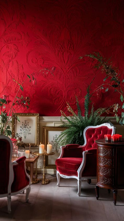 Immerse yourself in a luxurious interior scene adorned with stunning red wallpaper featuring intricate floral patterns. Bathed in warm lighting, this inviting room showcases vintage furniture, elegant decor, and rich textures. A touch of greenery offers a refreshing contrast, enhancing the overall cozy ambiance. Perfect for those seeking inspiration for home decor, interior design, and aesthetic living spaces. Red Accent Wall, Red Living Room, Black Living, Cozy Interiors, Red Living, Luxurious Interior, Wood Store, Black Living Room, Living Room Red