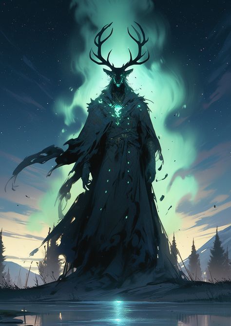 Fantasy Skinwalker Art, Fantasy Deities Art, Fantasy God Concept Art, Fantasy Deity, Lich Dnd, Lich Art, God Of Animals, Nature Deity, Moon Druid