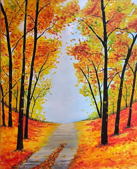 Simple Autumn Painting, Autumn Drawing Easy, Autumn Landscape Drawing, Easy Diy Paintings, Easy Painting Ideas For Kids, Simple Canvas Painting Ideas, Palm Tree Paintings, Simple Canvas Painting, Paintings Sunset